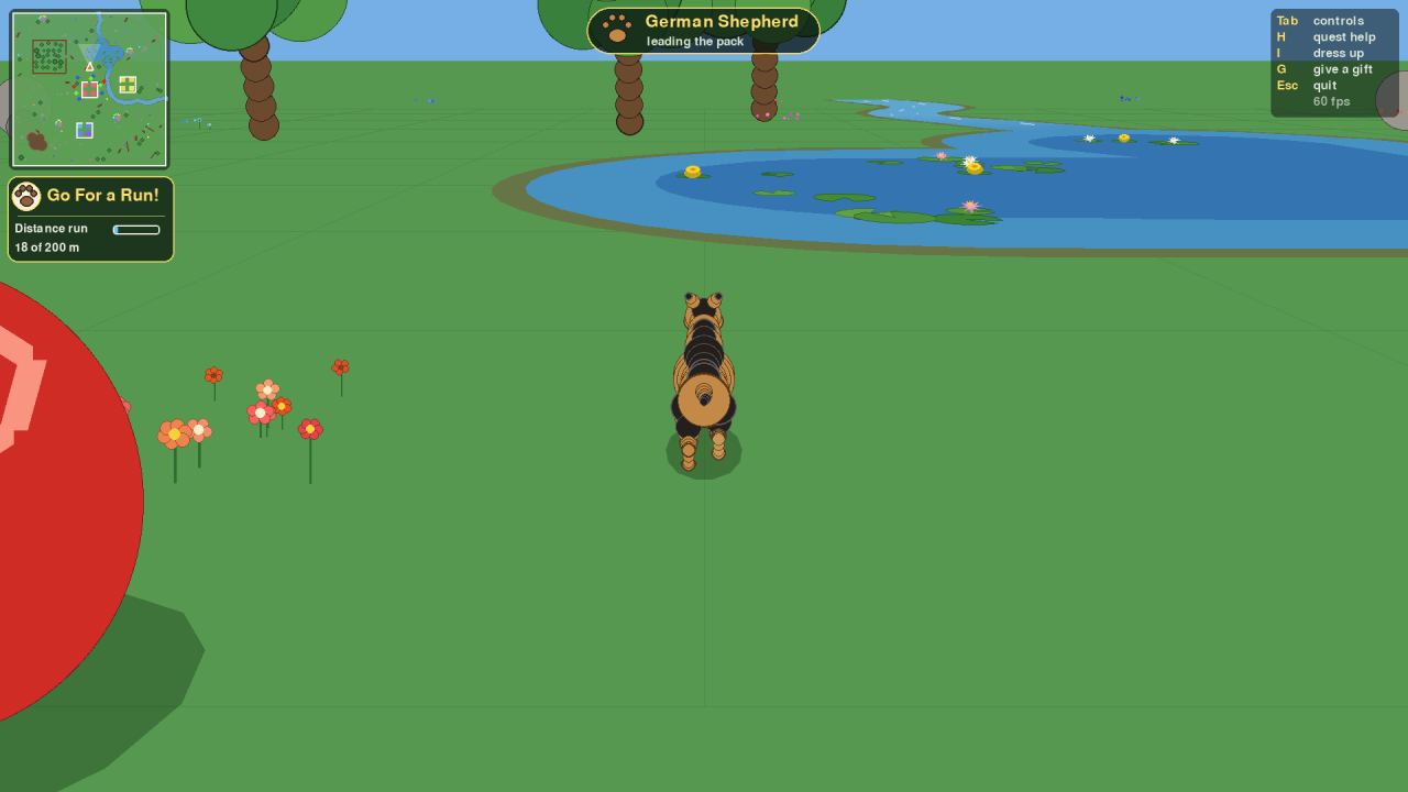 Running past the pond, the quest box counting metres