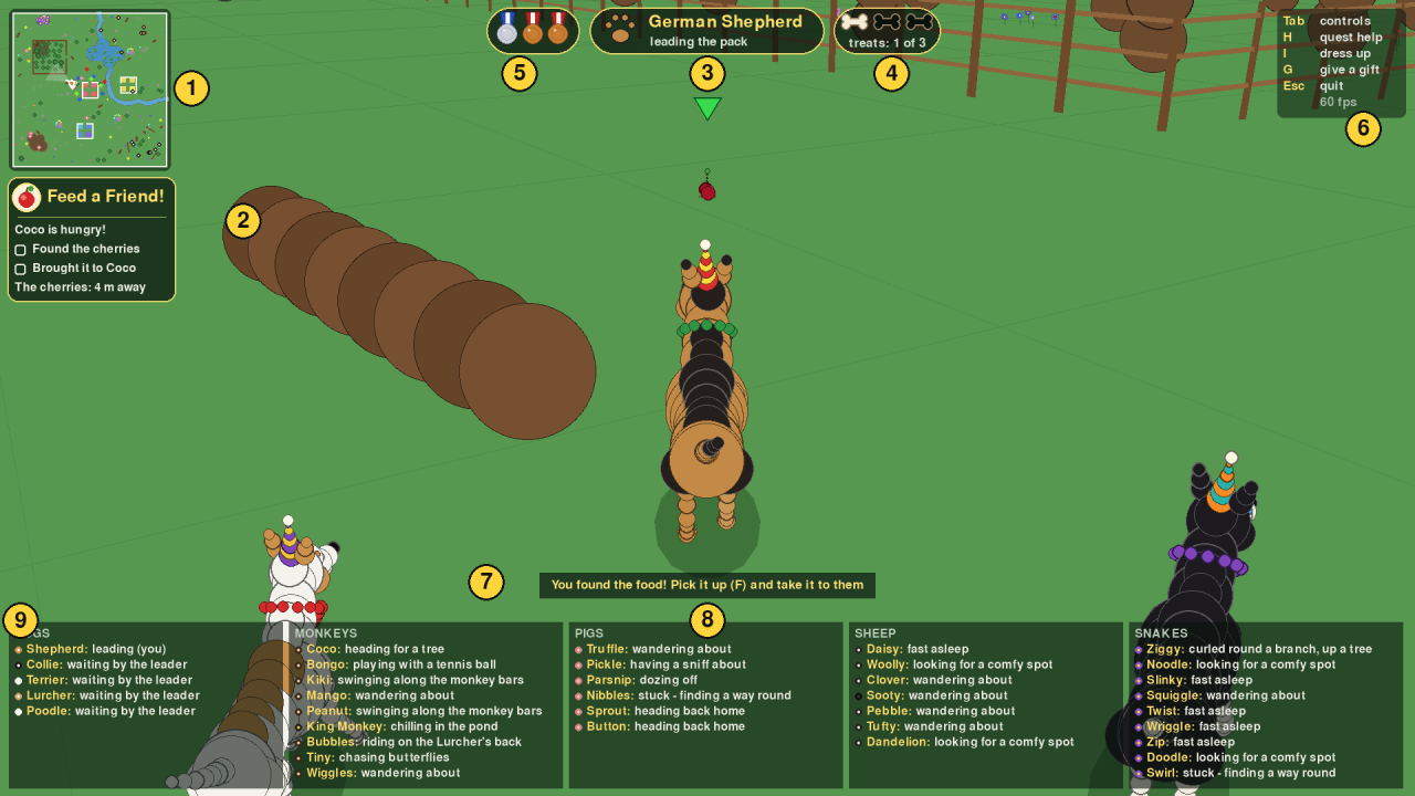 A gameplay screenshot with the parts of the screen numbered 1 to 9