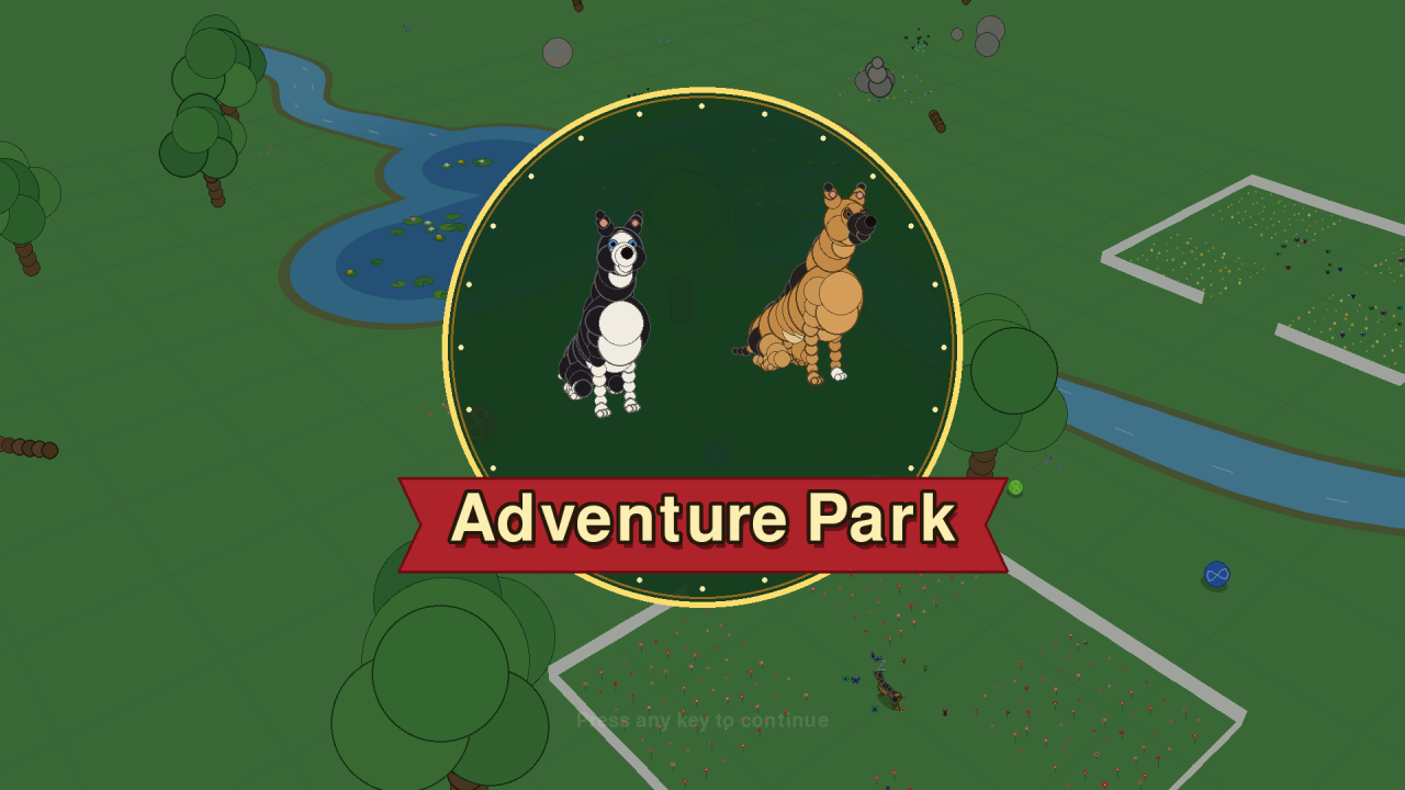 The Adventure Park start-up screen: the Shepherd and the Collie in a round badge, the title on a red ribbon