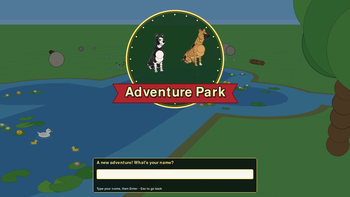 Adventure Park title screen with two dogs, a pond and ducks, asking for your name