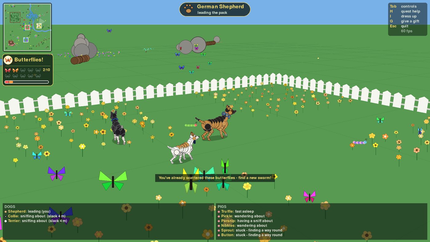 A German Shepherd leading a pack of dogs through a flower meadow, scattering butterflies
