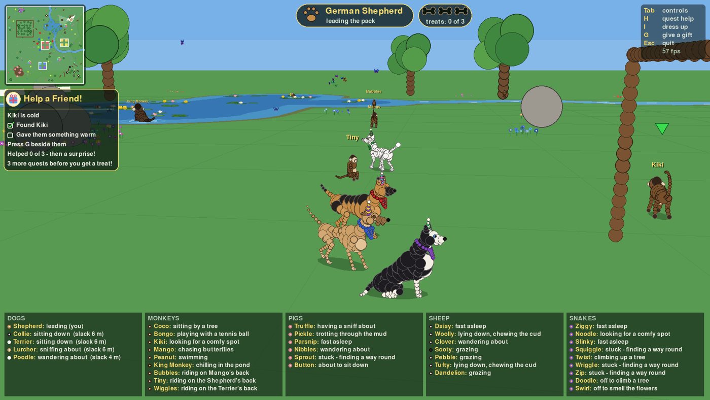 The Help a Friend quest: dogs gather around a monkey called Kiki who is cold