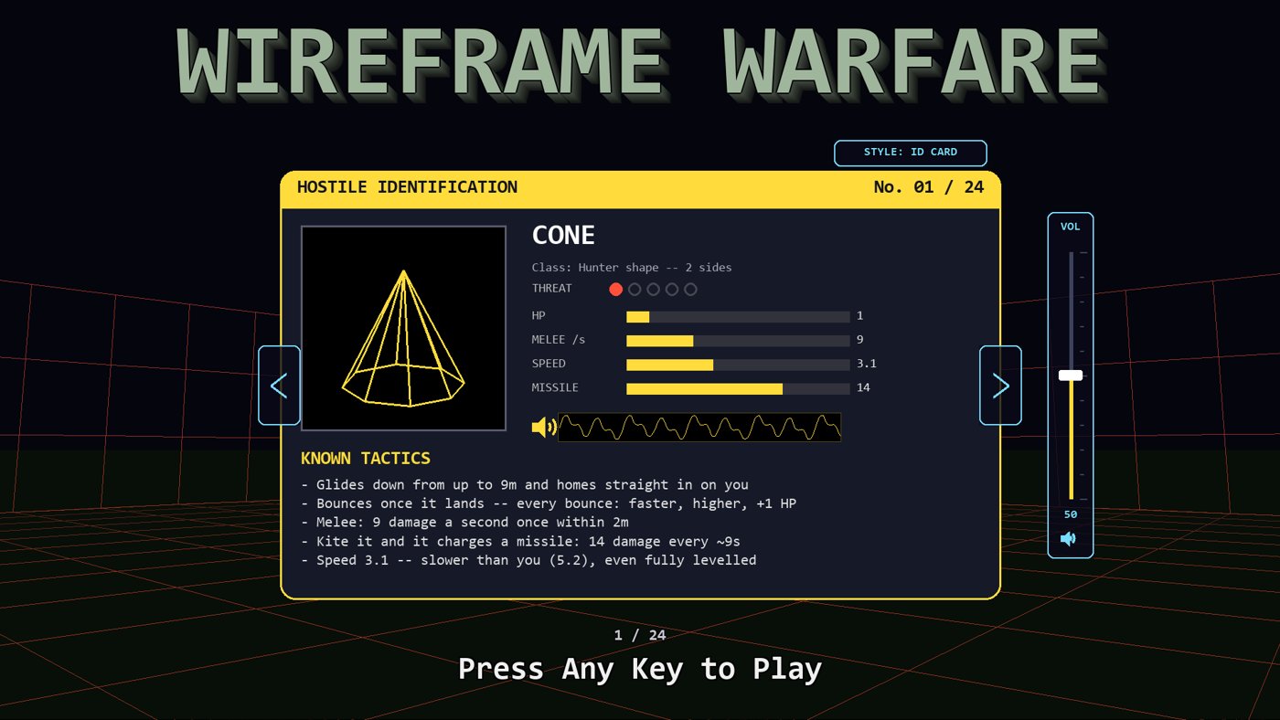 Wireframe Warfare title screen with a hostile identification card for the Cone enemy
