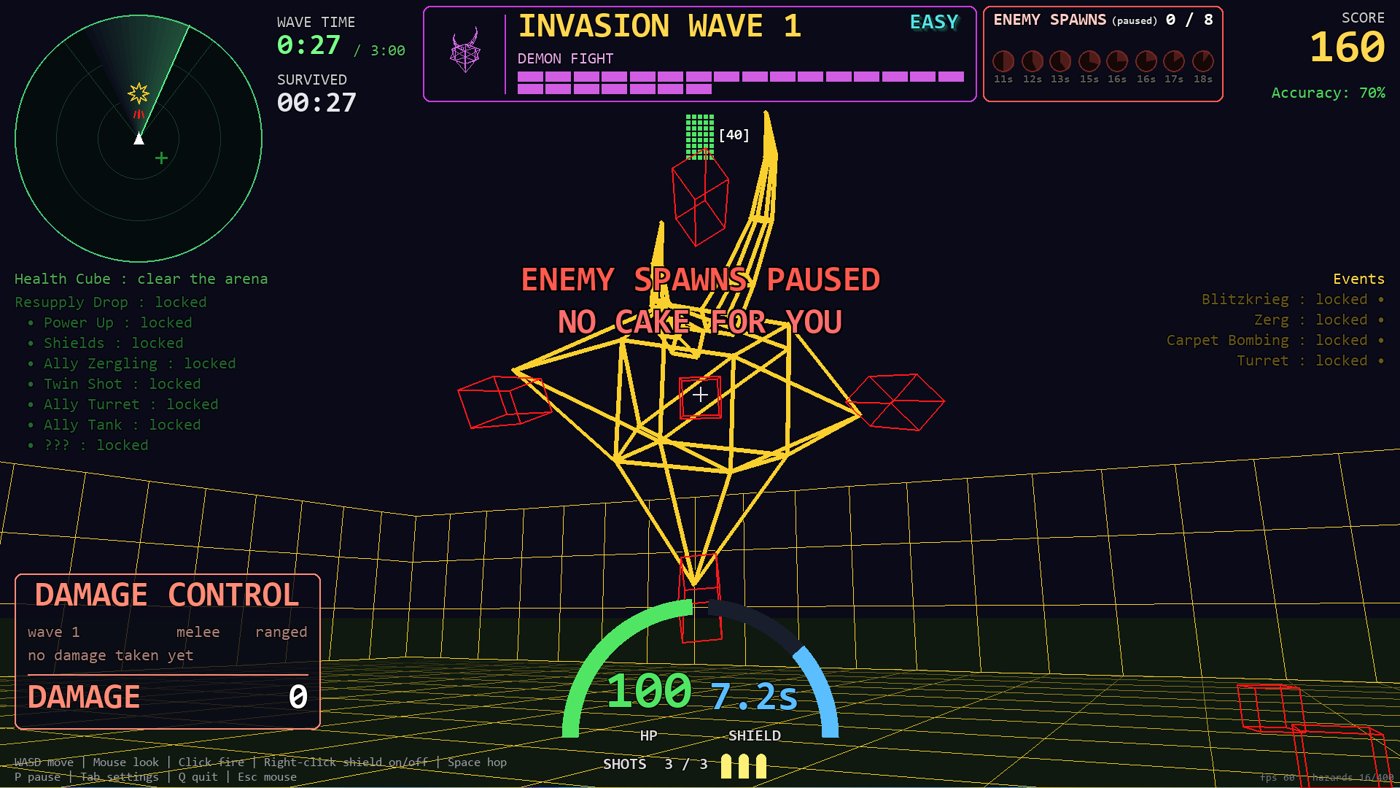 Fighting a giant yellow wireframe demon in the arena during Invasion Wave 1