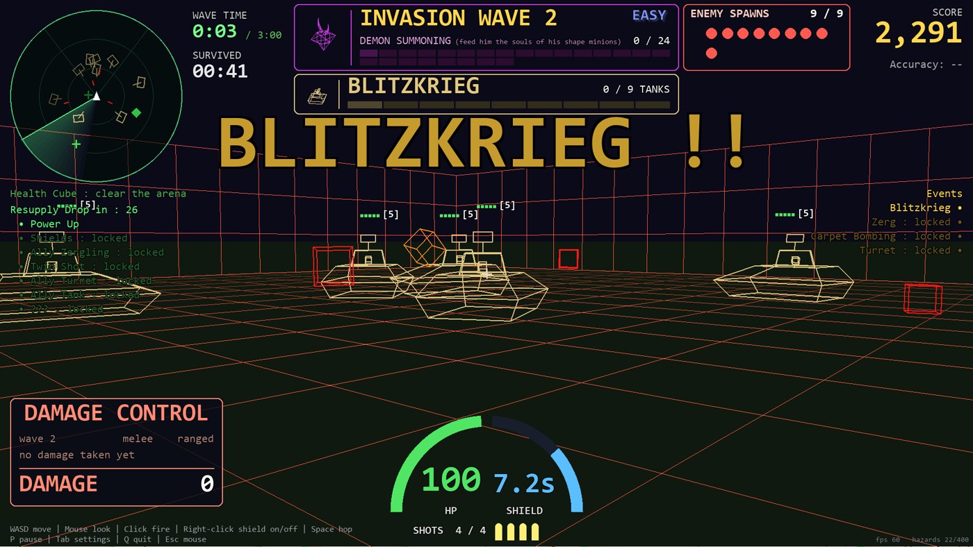 A Blitzkrieg event on Invasion Wave 2, with a line of wireframe tanks rolling across the arena