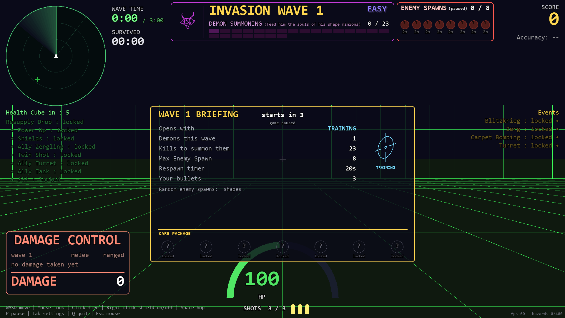 The wave 1 briefing card over an empty arena