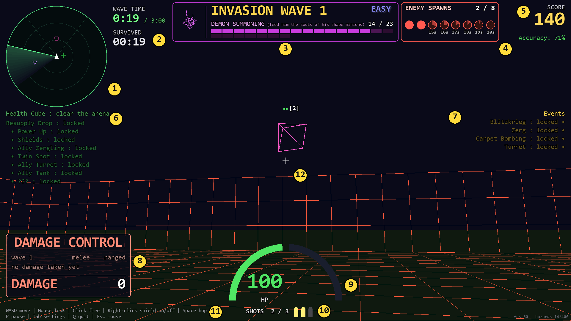 A gameplay screenshot with the HUD parts numbered 1 to 12