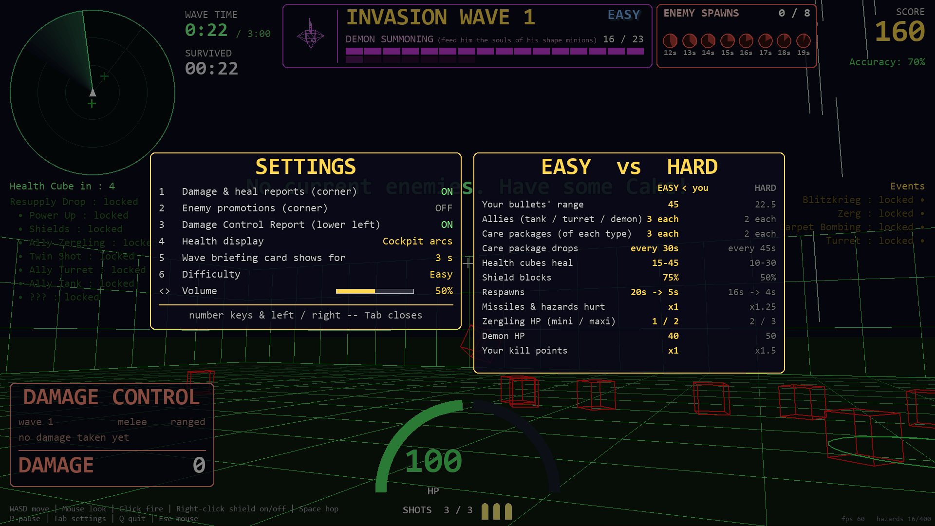 The Tab settings panel and the EASY vs HARD panel