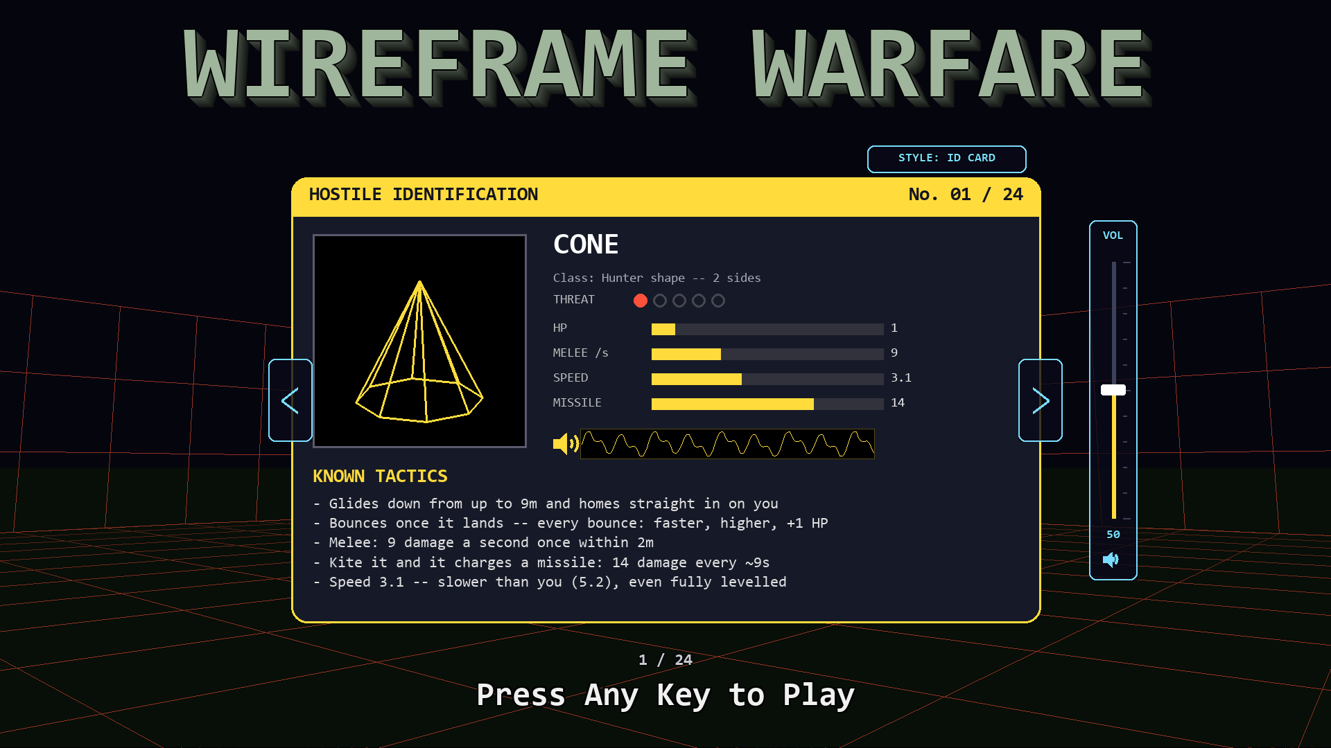 The Wireframe Warfare title screen with the showcase card and volume fader