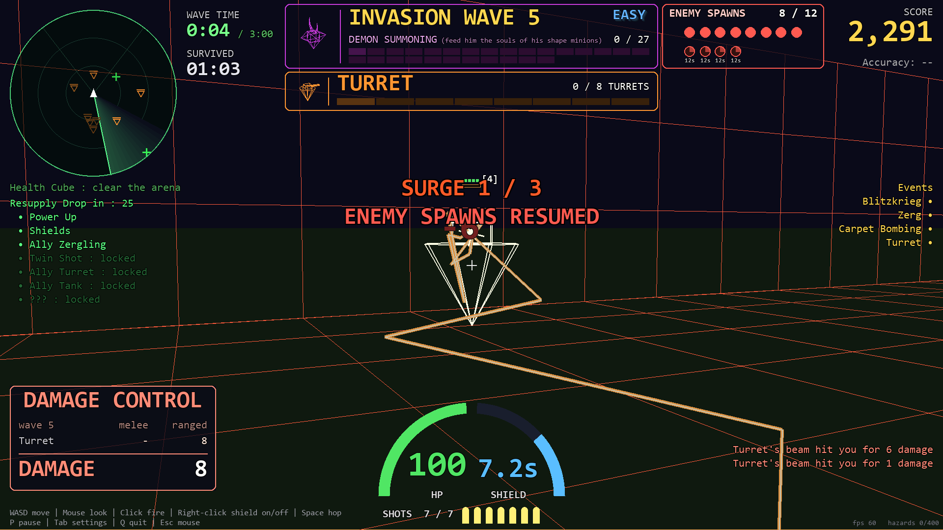 Turrets planted round the field firing lasers